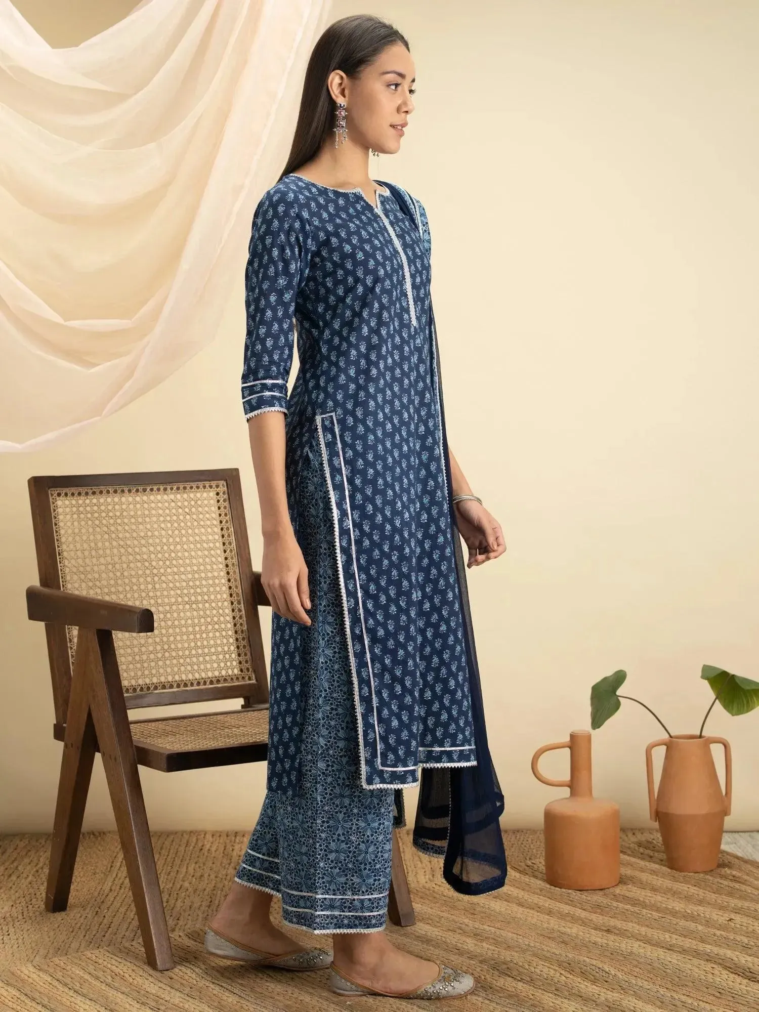 Indigo Printed Cotton Straight Kurta With Palazzos & Dupatta